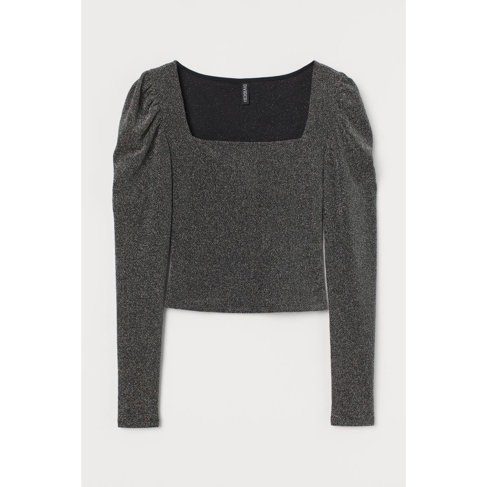 HM Divided Womens XL Black Silver Metallic Glitter Puff Sleeve Square Neck Top